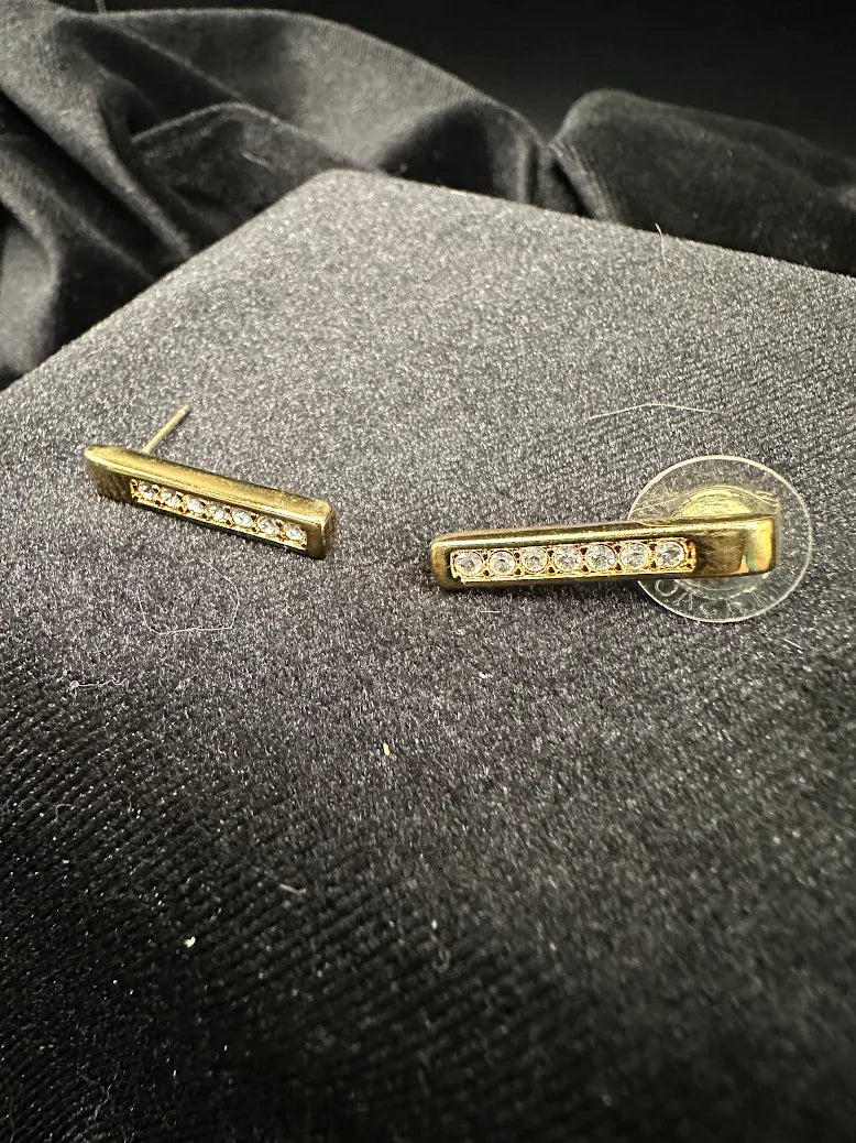Swarovski Gold Tone Crystal Bar Stud Earrings Minimalist Designer Rhinestone Jewelry