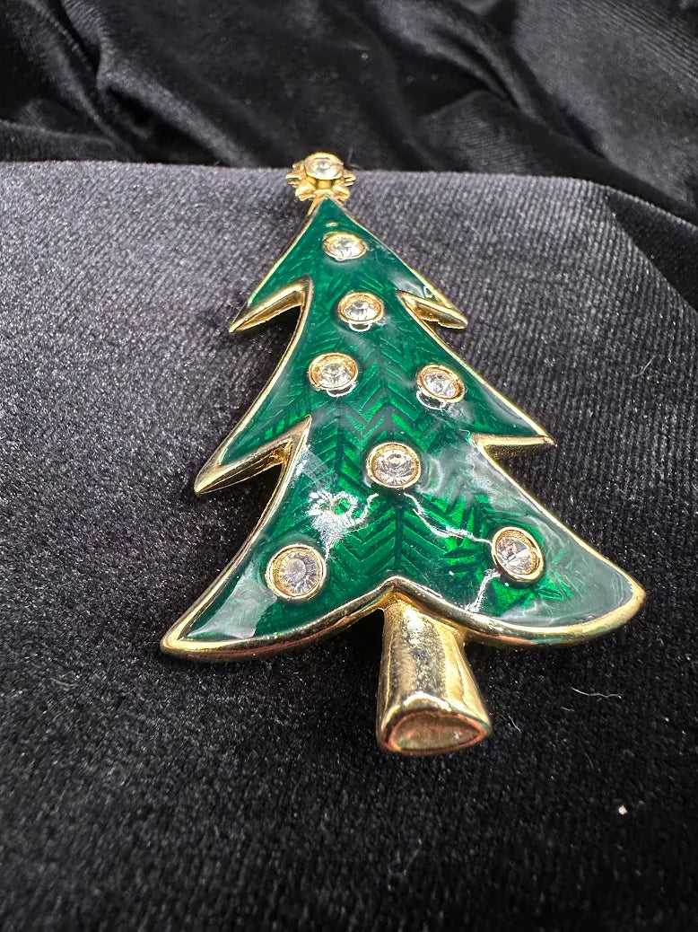 LIA Gold Tone Green Enamel Christmas Tree Brooch Crystal Holiday Vintage Festive Pin