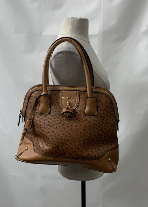 (SOLD) London Fog Brown Ostrich Embossed Dome Satchel Bag Structured Zip Top Shoulder Purse