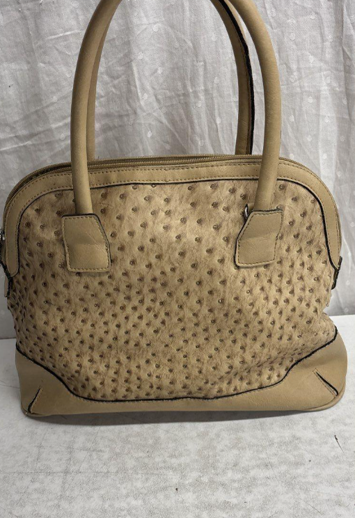 London Fog Taupe Ostrich Embossed Dome Satchel Top Handle Bag Zip Closure Neutral Purse