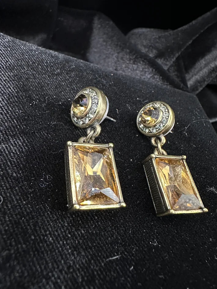 Heidi Daus Crystal Drop Earrings Gold Tone Rectangular Dangle Statement Designer Rhinestone