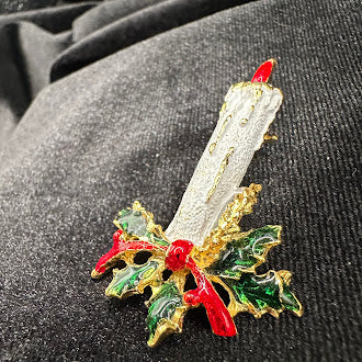 Vintage Style Christmas Candle Brooch White Enamel Holly Bow Gold Tone Holiday Pin