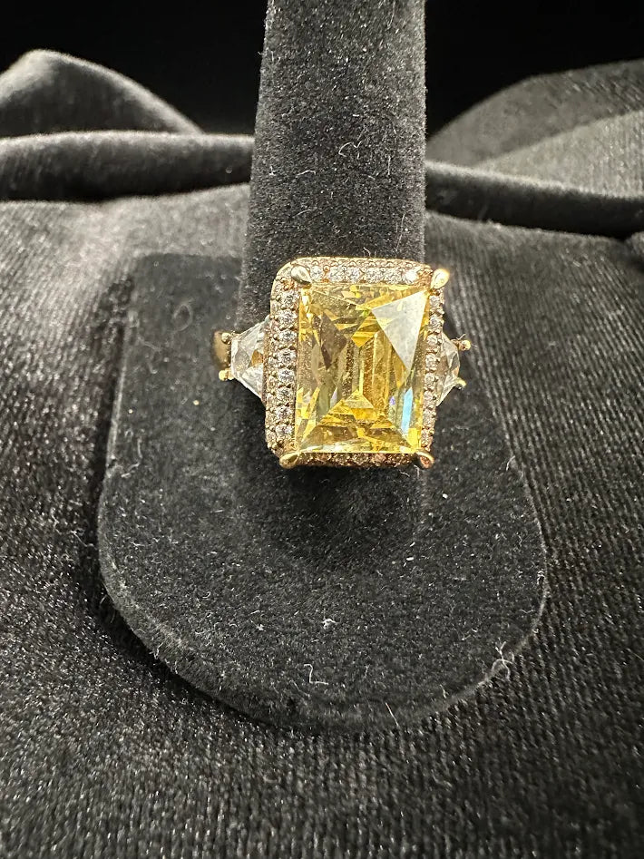925 Sterling Silver Yellow CZ Emerald Cut Ring Gold Tone Halo Statement Ring Trapezoid Side Stone