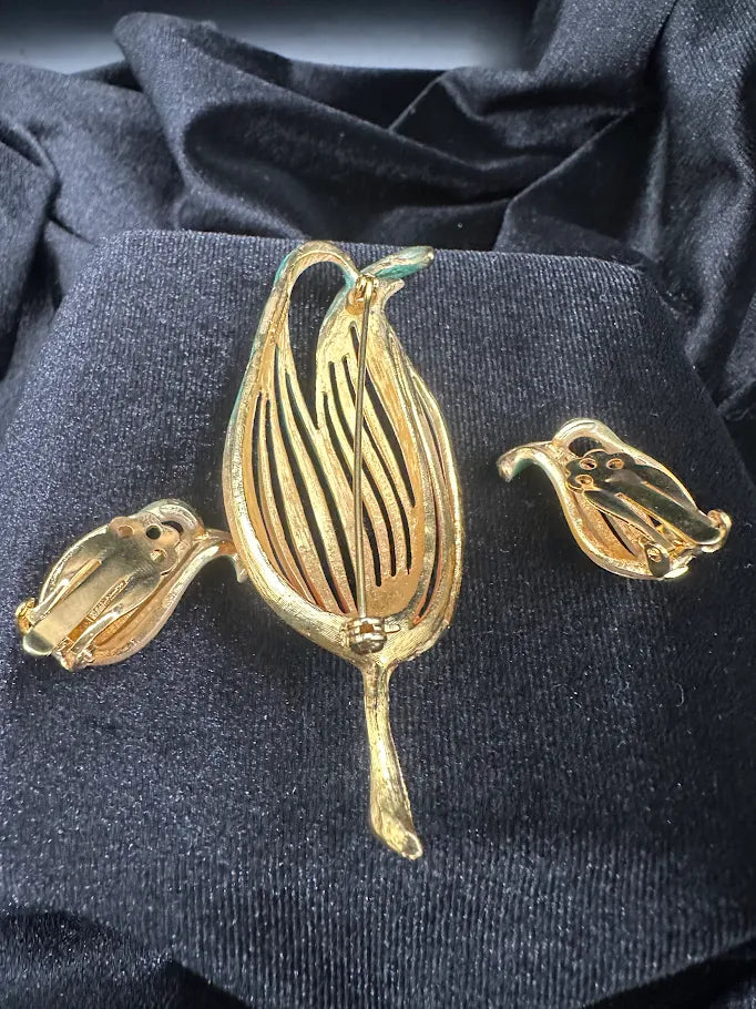 Vintage Gold Tone Tulip Brooch and Clip Earring Set | Enamel Floral Jewelry Set