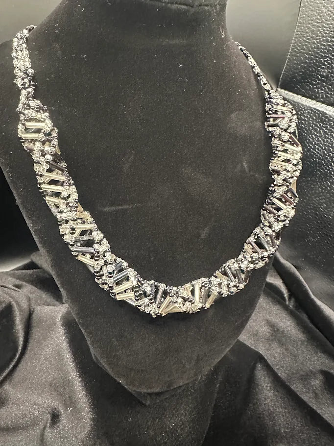 Black Silver Geometric Beaded Collar Necklace Statement Choker Jewelry