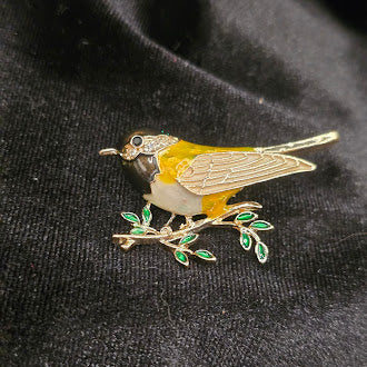 Gold Tone Enamel Songbird Brooch Yellow and White Bird on Branch Pin