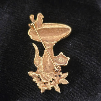Vintage Gold Tone Cat and Bird Bath Brooch with Green Enamel Basin, Whimsical Garden Scene Figural Pin