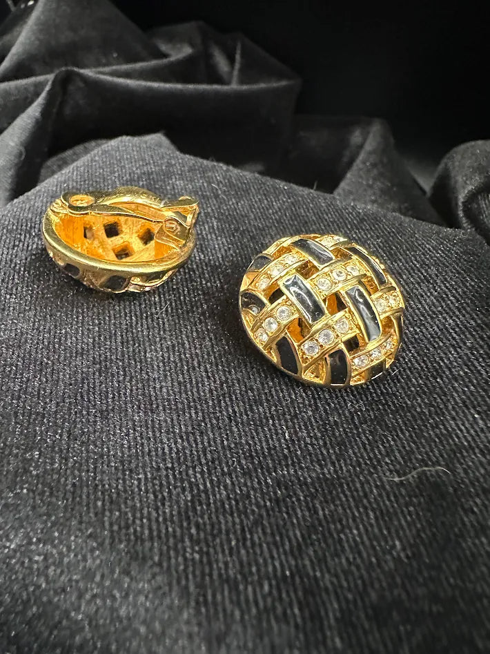 Swarovski Crystal Clip Earrings Gold Tone Black Enamel Woven Dome Rhinestone Vintage Signed