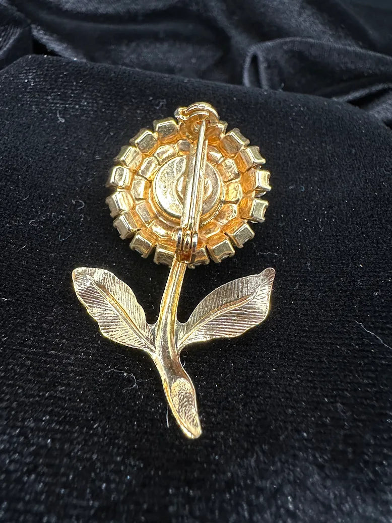 Vintage Gold Tone Pink Rhinestone Flower Brooch Floral Halo Statement Pin