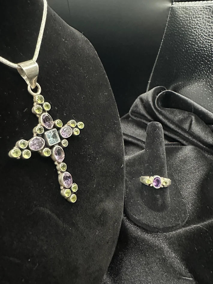 925 Sterling Silver Amethyst Peridot White Topaz Cross Pendant Necklace Ring Set Vintage Gemstone Jewelry