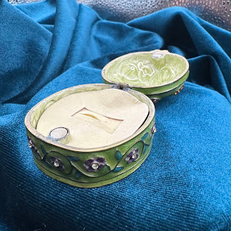 Green Ladybug Trinket Box with Floral Trim | Rhinestone Accent Enamel Figurine Box