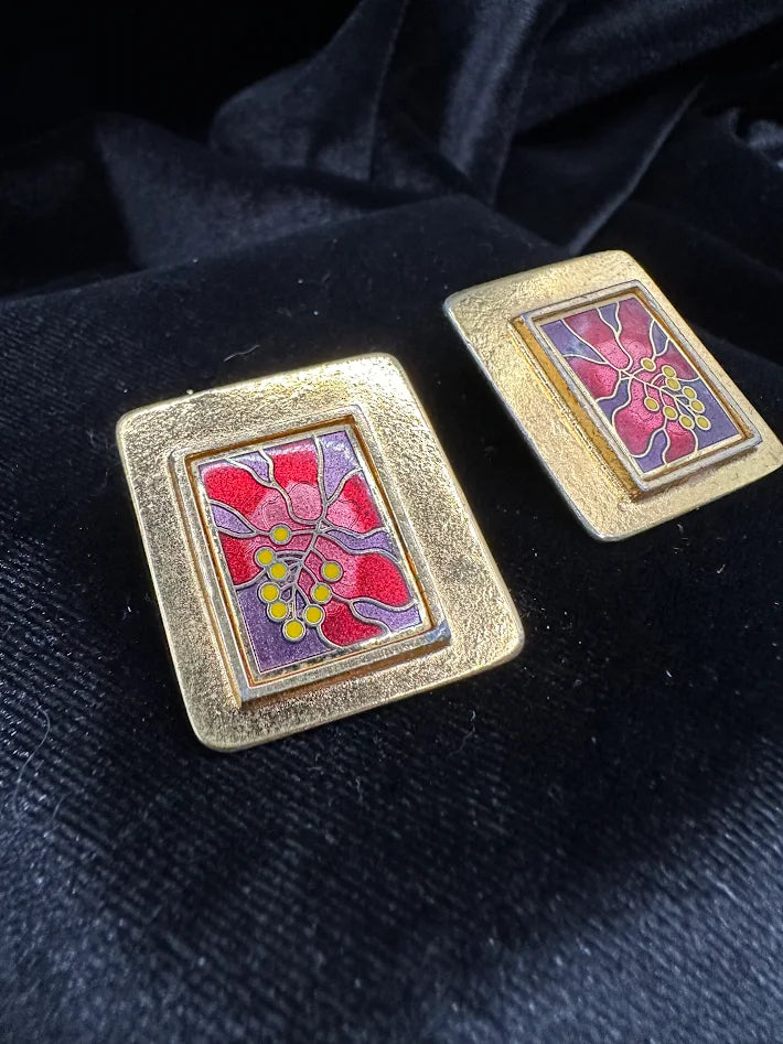 Laurel Burch Enamel Floral Clip Earrings Gold Tone Rectangular Panel French Clip Vintage Signed