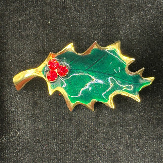 Green Enamel Holly Leaf Christmas Brooch with Red Rhinestone Berries
