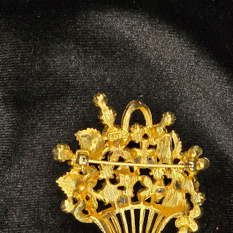 Art Gold Tone Pastel Rhinestone Flower Basket Brooch Signed Floral Pin