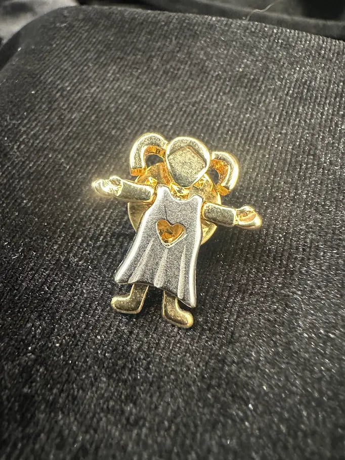 Vintage Two Tone Child Brooch with Heart Cutout Dress