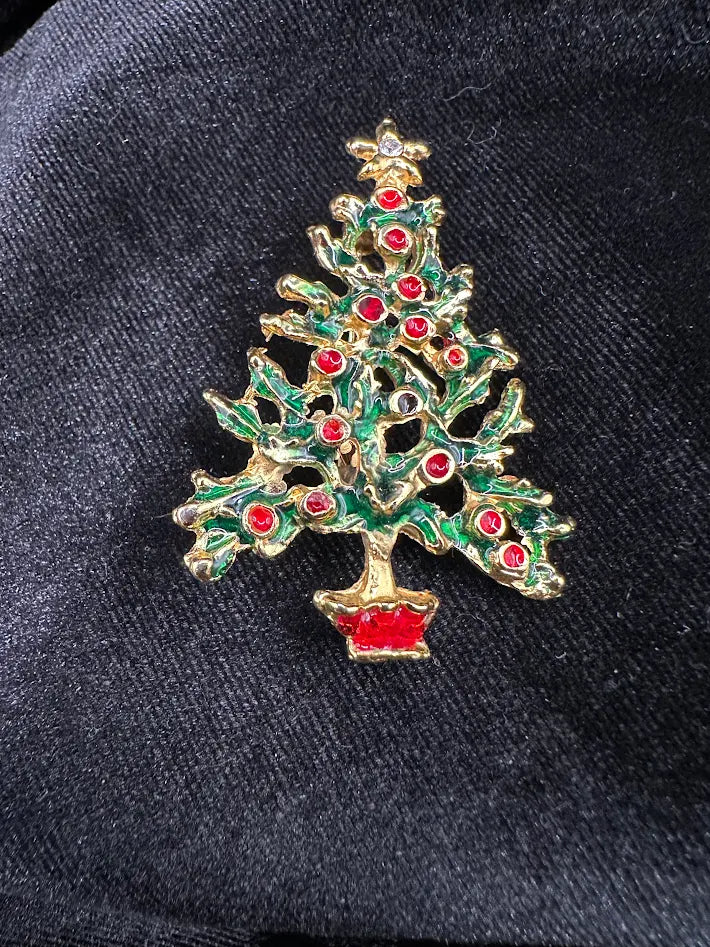 Vintage Christmas Gold Tone Tree Brooch Red and Green Enamel