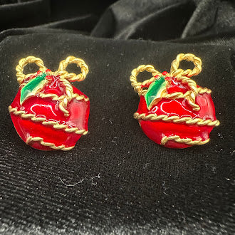 Don-Lin Gold Tone Red Enamel Christmas Gift Clip Earrings Holiday Ribbon Bow Vintage Statement