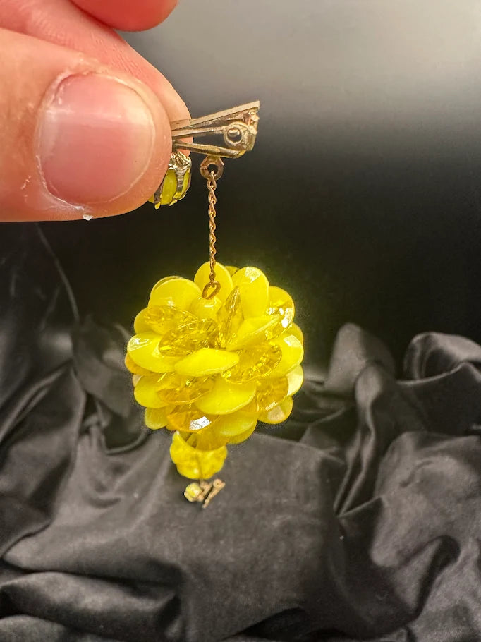 Vintage Yellow Flower Dangle Clip Earrings | Dimensional Floral Statement Earrings
