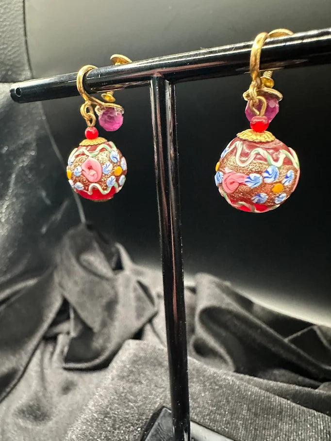 Vintage Venetian Style Painted Bead Dangle Earrings with Pink Crystal Accents and Gold Tone Hooks