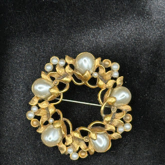 Gold tone faux pearl brooch trio; basket w flowers, wreath and purse with pearl flowers vintage set