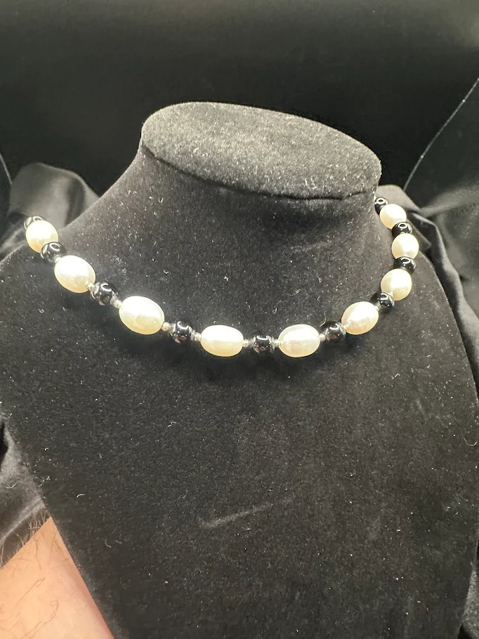 Cream Pearl Style and Black Bead Necklace with Silver Tone Clasp