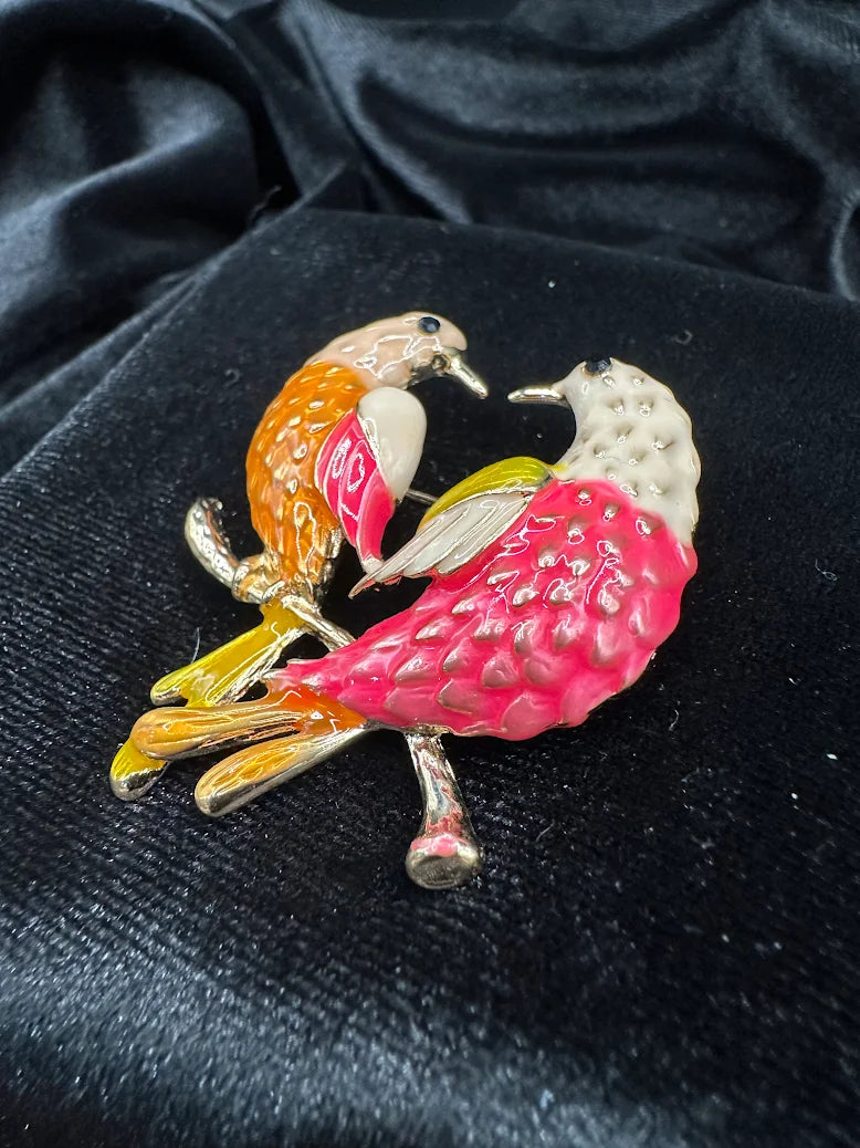 Vintage Gold Tone Enamel Lovebird Brooch Double Bird Pin Pink Orange Rhinestone Accent
