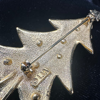 LIA Gold Tone Green Enamel Christmas Tree Brooch Crystal Holiday Vintage Festive Pin