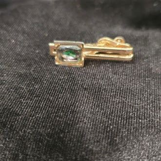 Swank gold tone cufflinks and tie clip set with iridescent mystic stone