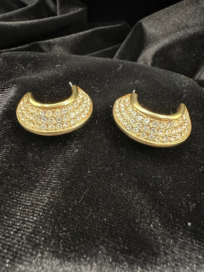 Swarovski Gold Tone Reversible Stud Earrings Black Enamel and Pavé Crystal Two Sided Designer Jewelry