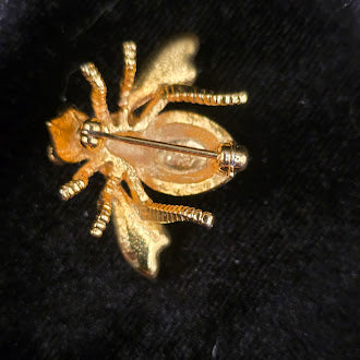 Signed Joan Rivers Gold Tone Pavé Crystal Bee Brooch with Green Rhinestone Eyes, Designer Insect Pin