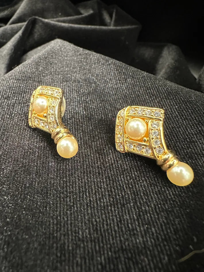 Swarovski Crystal Faux Pearl Drop Earrings Gold Tone Geometric Dangle Vintage Signed
