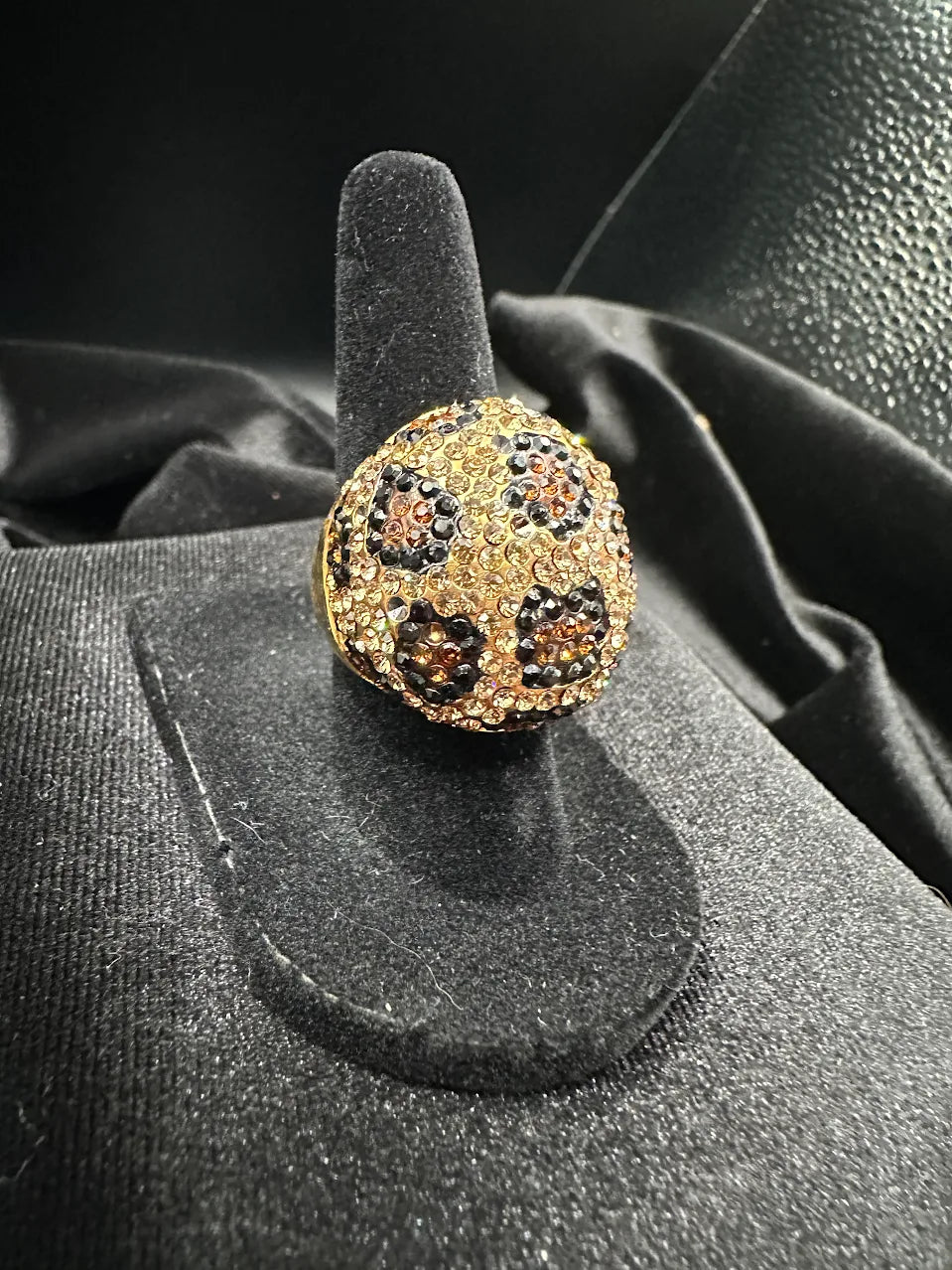 Leopard Print Crystal Dome Ring Gold Tone Pave Statement Cocktail Ring Animal Print