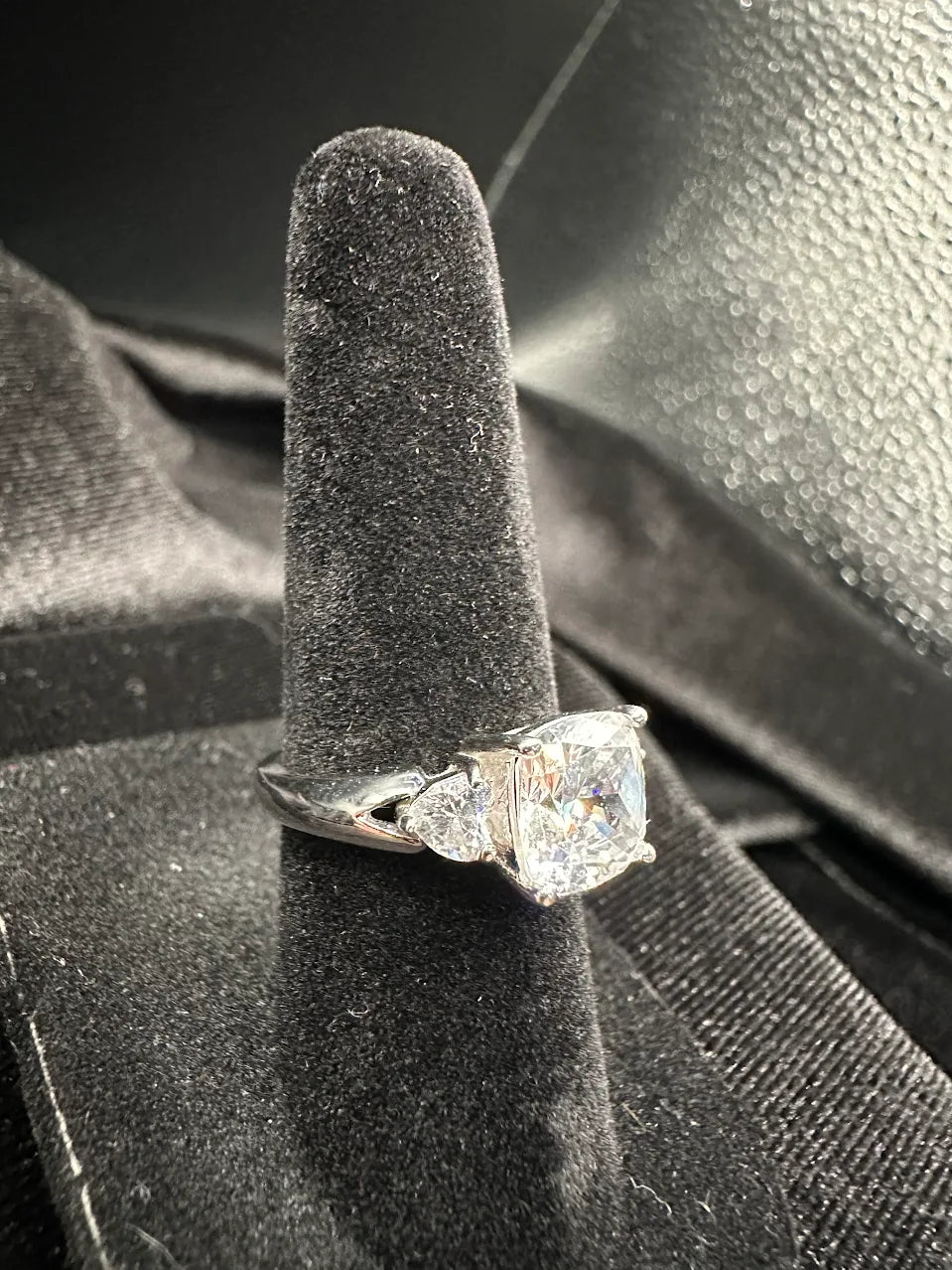 Silver Tone Clear Crystal Solitaire Ring Pear Accent Bridal Inspired Design