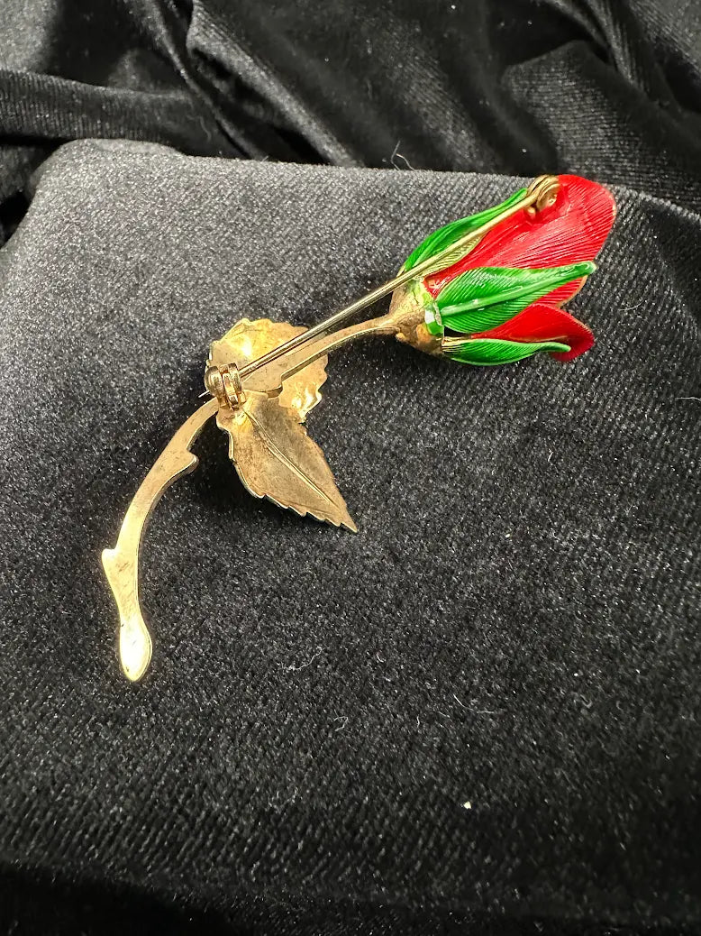 Red Enamel Rose Bud Brooch Gold Tone Stem Floral Pin