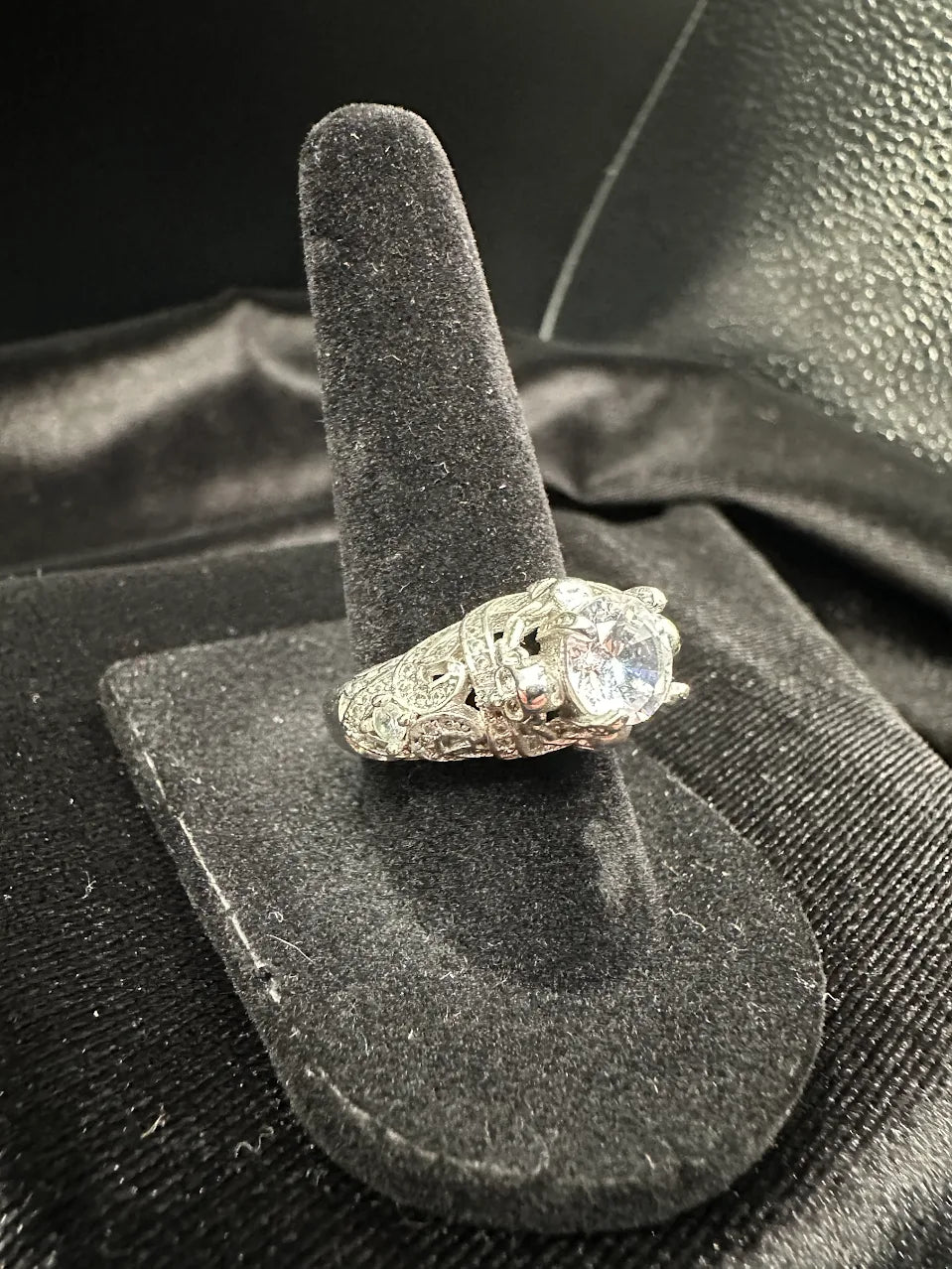 Silver Tone Clear Crystal Filigree Statement Ring Vintage Inspired Design