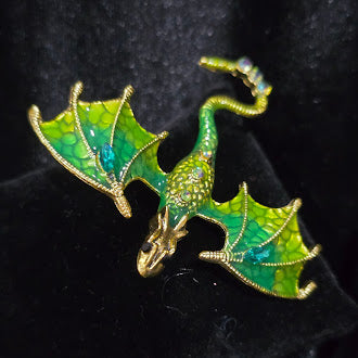 Vintage Gold Tone Green Enamel Flying Dragon Brooch with Rhinestone Accents | Fantasy Creature Statement Pin