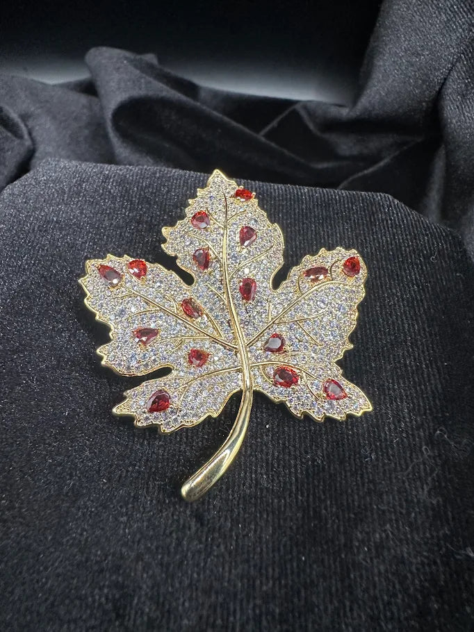 Gold Tone Rhinestone Maple Leaf Brooch with Red Orange Accents | Autumn Statement Pin