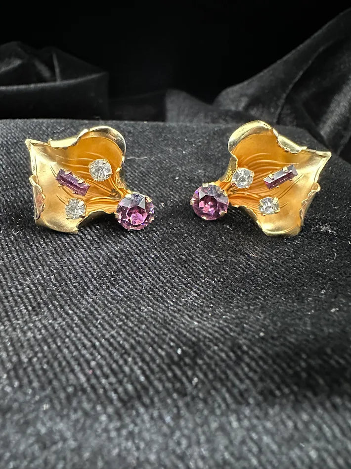 Walter Lampl Orchid Earrings 12K Gold Filled Purple Rhinestone Screw Back Vintage WL Floral