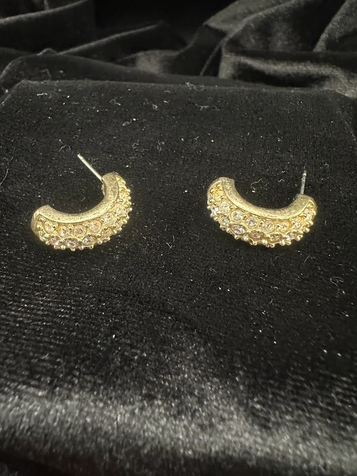 Swarovski Gold Tone Pavé Crystal Half Hoop Earrings Rhinestone Curve Designer Statement Jewelry