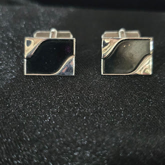 Vintage Swank Silver Tone Square Cufflinks with Black Inlay, Geometric Mid-Century Modern Mens Formal Jewelry