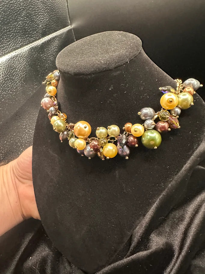 Multicolor Pearl Bead Necklace and Earrings Set with Gold Tone Chain