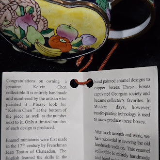 Kelvin Chen Enamel on Copper Miniature Teapot Hand Painted Fruit Basket Design Numbered 1998 with Box Certificate