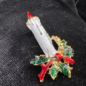Vintage Style Christmas Candle Brooch White Enamel Holly Bow Gold Tone Holiday Pin