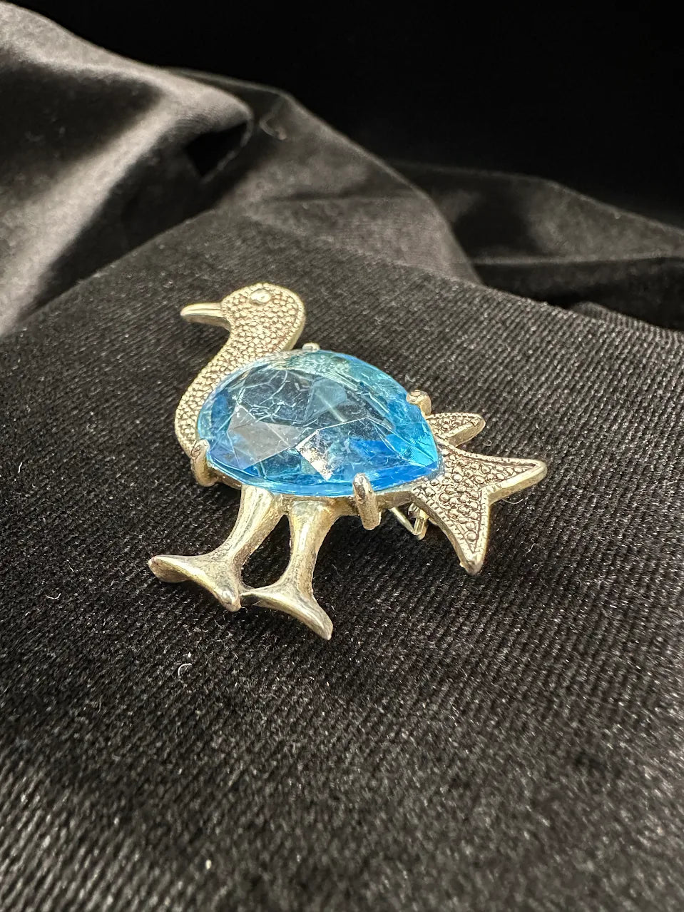 Silver Tone Blue Crystal Duck Brooch
