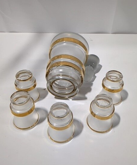 Mid-Century Frosted Glass Decanter and 5 Glasses, Gold Band