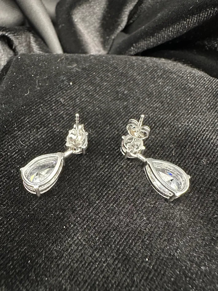 Vintage 925 Sterling Silver Rhodium Plated CZ Teardrop Dangle Earrings Clear Cubic Zirconia Bridal