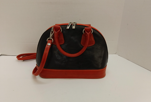 Vintage Vera Pelle Italian Leather Dome Satchel, Black & Red Two-Tone Crossbody, Made in Italy