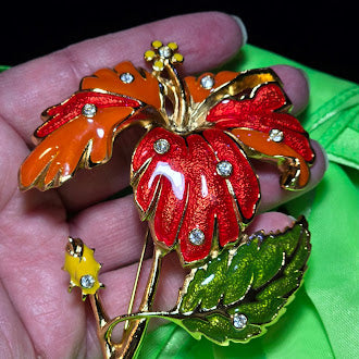 Vintage Barrera for Avon Hibiscus Brooch Large Enamel Flower Pin Gold Tone Rhinestone Statement Brooch