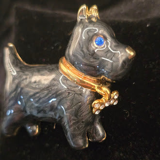Signed AJC Black Enamel Scottie Dog Brooch with Blue Crystal Eye and Rhinestone Bone Collar, Gold Tone Vintage {Pin
