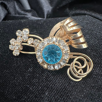 Vintage Blue Rhinestone Brooch and Screw Back Earrings Set Gold Tone Matching Demi Parure